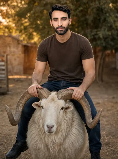 Man Riding White Ram Portrait