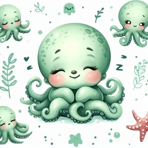 Sleeping Baby Octopus Sage Green Nursery Art