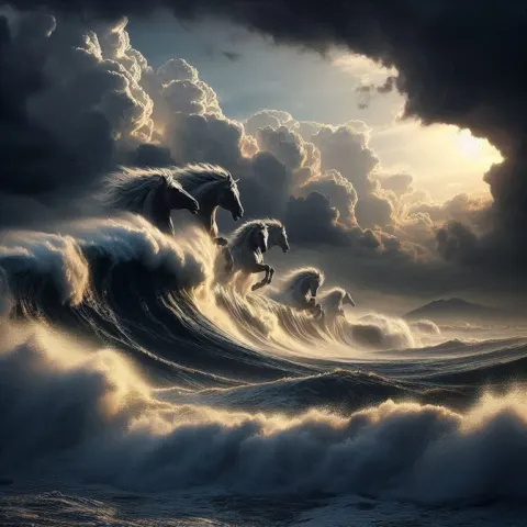 Horses of Neptune in Crashing Storm Waves