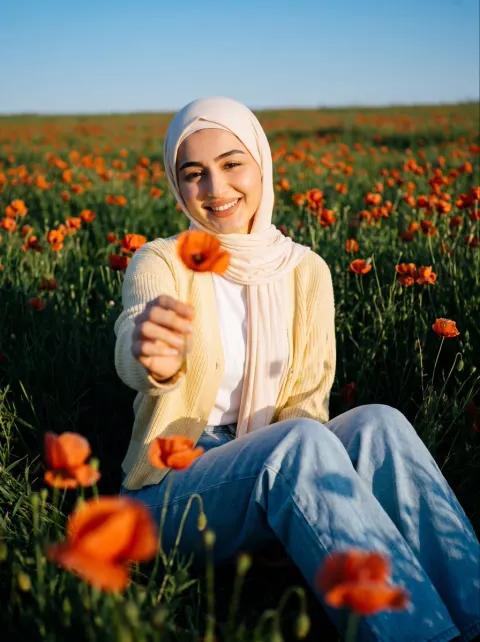 Cinematic Hijabi Woman in Poppy Field
