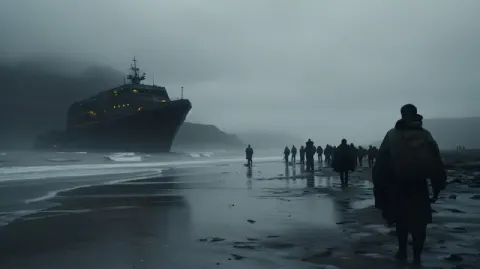 Dystopian Beach Evacuation Cinematic Wide Shot