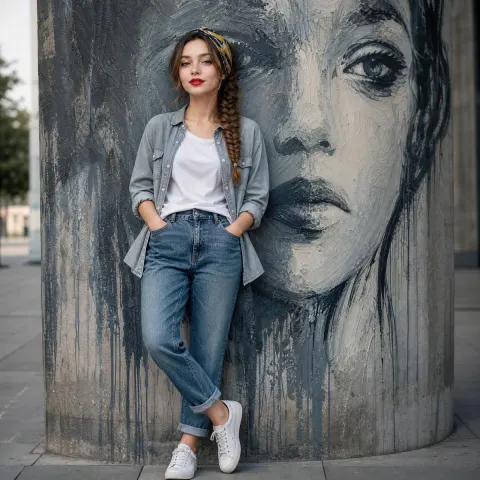 Stylish Woman Leaning On Urban Mural
