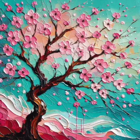 Abstract Cherry Blossom Tree on Turquoise Acrylic