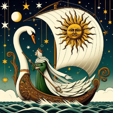 Old Woman Sailing Swan Boat With Sun Moon Sail
