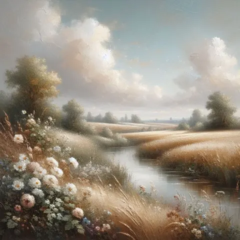 Riverside Fields Cottagecore Soft Focus Oil Painting