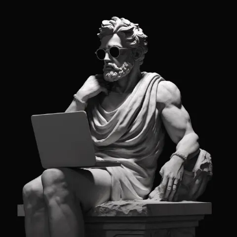 Greek Statue With Sunglasses Holding a Laptop