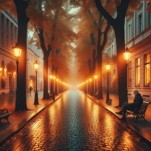 Autumn Cobblestone Street at Dawn With Lamplight