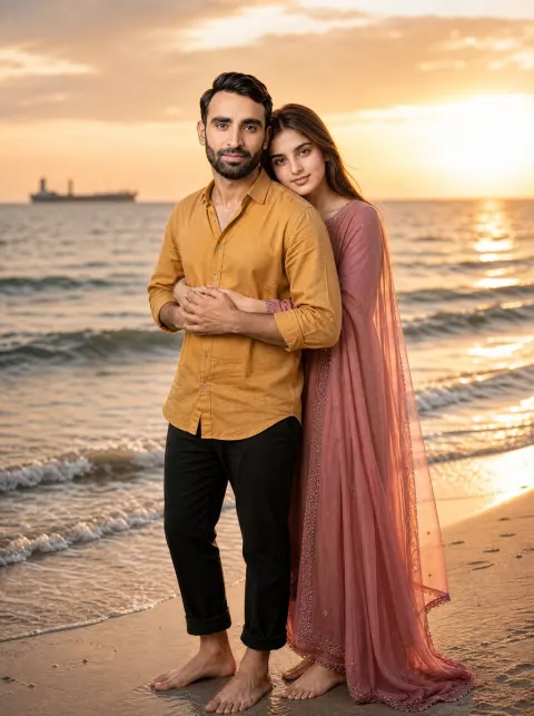 Golden Hour Beach Couple Embrace