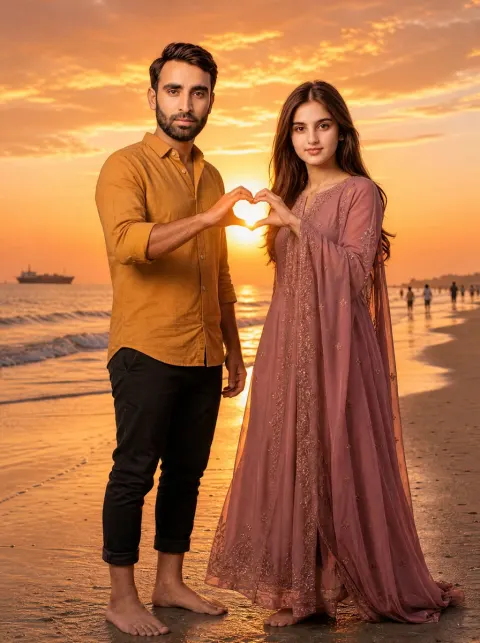 South Asian Couple Romantic Beach Heart