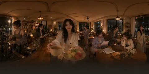 Cozy Rainy Night Cafe Panorama