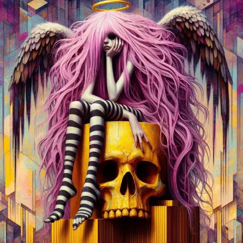 Sad Pink Haired Angel on Skull Boulder Surreal