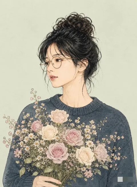 Watercolor Line Art Portrait With Bouquet