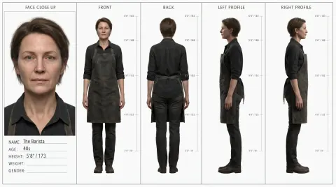 Realistic Barista Character Turnaround Sheet