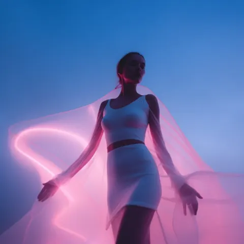 Dystopian Woman in Fog With Neon Light Trails