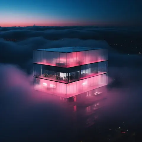 Glass Building Above the Clouds at Dusk