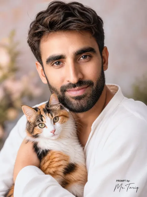 Hidden Face Man Holding Calico Cat