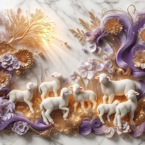 Golden Lambs in Marble Garden Fantasy Painting