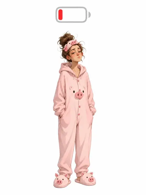 Low Battery Pig Onesie Girl Illustration