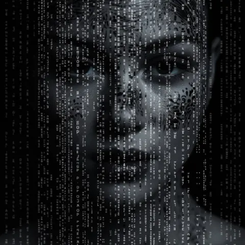 Binary Digits Streaming Across Woman Face