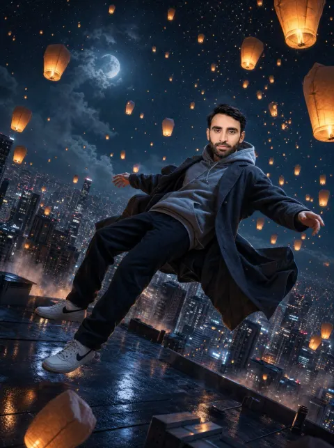Surreal Floating Man Amid Sky Lanterns