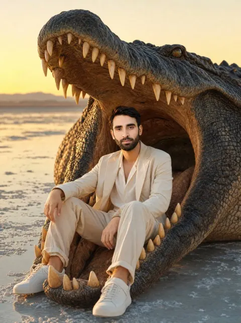Stylish Man Inside Giant Crocodile Mouth