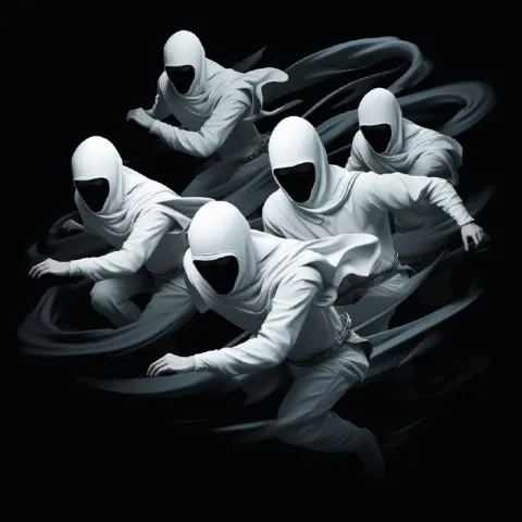 White Ninjas Running on Black Graphic Illustration