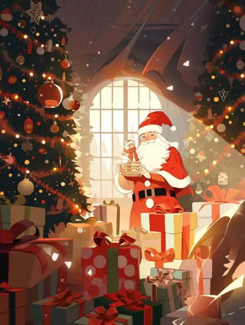 Flat Christmas Poster of Santa Giving Gifts