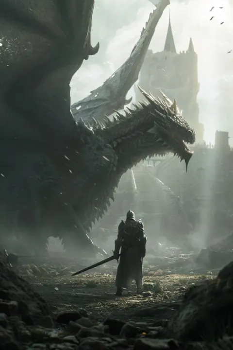 Knight and Dragon Before Castle God Rays