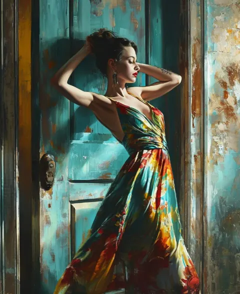 Woman in Colorful Dress Posing in Doorway