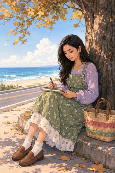 Serene Anime Girl Sketching Seaside