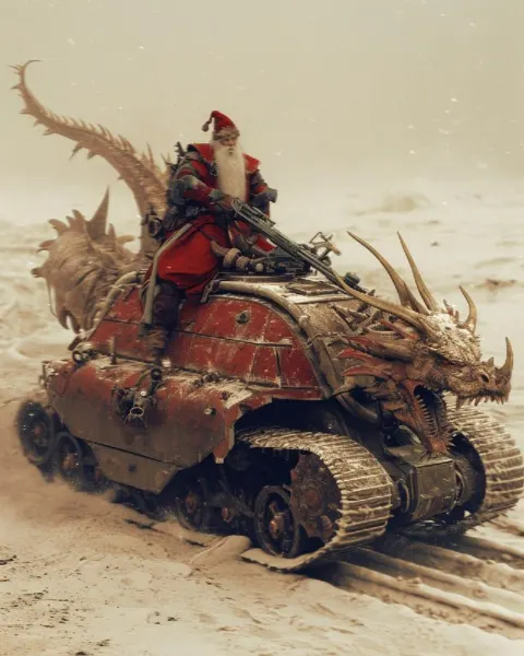 Santa Riding a Dragon Atop a Tank