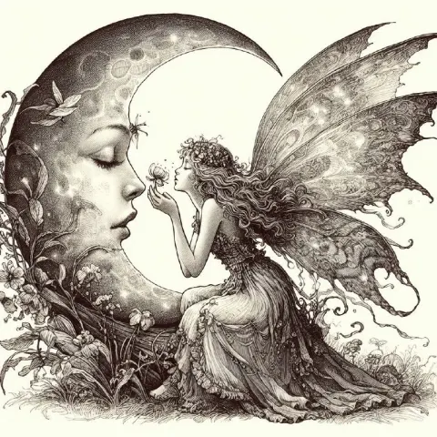 Vintage Fairy Kissing the Moon Line Drawing