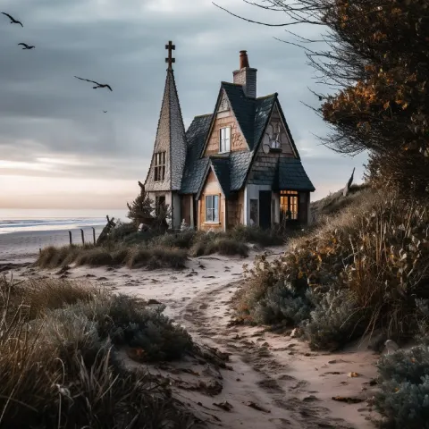Tall Whimsical Victorian Cottage on Sand Dunes