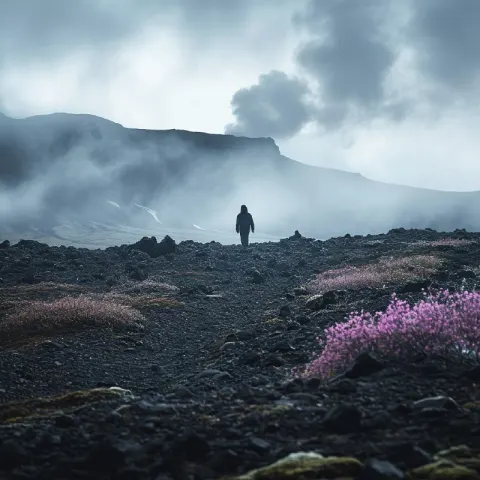 Icelandic Volcano With Lone Traveler and Mist