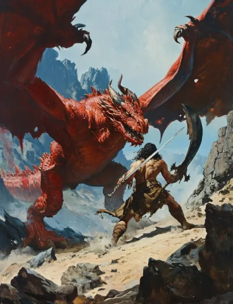 Conan Fighting Red Dragon Fantasy Book Cover