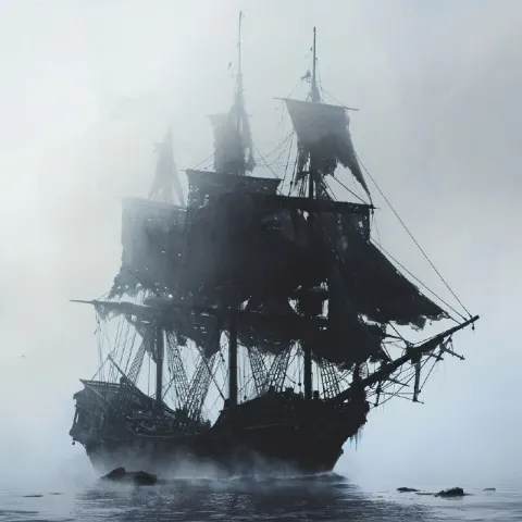 Black Pirate Ship With Tattered Sails in Fog