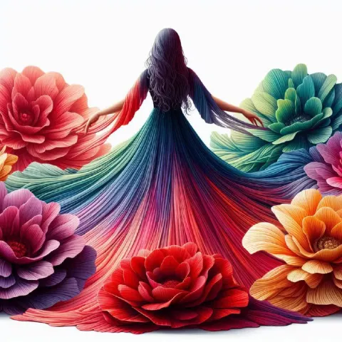 Girl in Rainbow Floral Gown Arms Outstretched