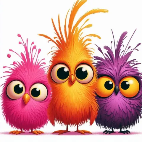 Three Quirky Fluffy Birds Standing in a Row