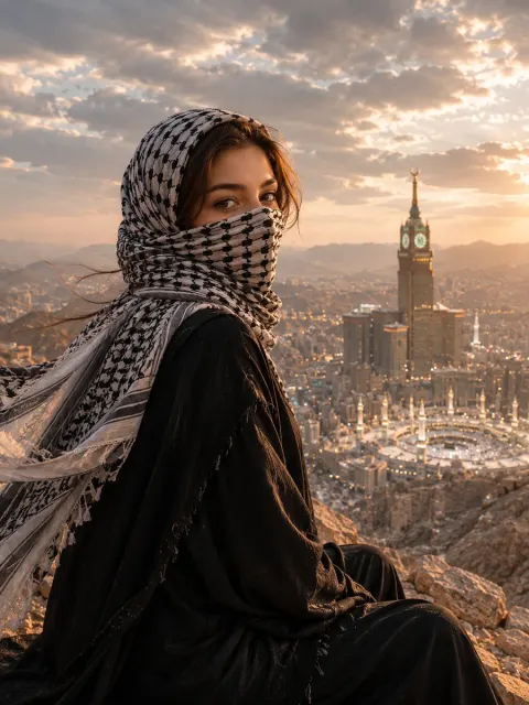 Mysterious Veiled Woman Overlooking Mecca