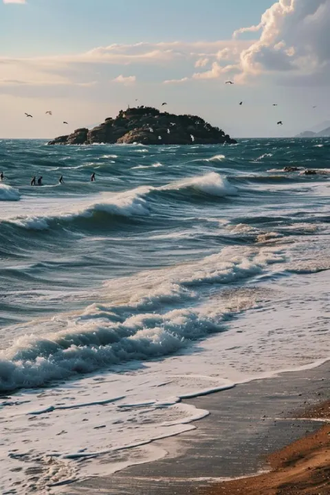 Mediterranean Beach Walk With Seagulls and Waves