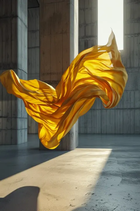 Silk Fabric Floating in Brutalist Concrete Studio