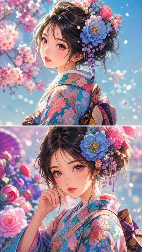 Anime Girl Floral Kimono Portrait