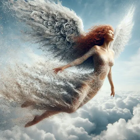 Red Haired Angel With Filigree Wings Dissolving
