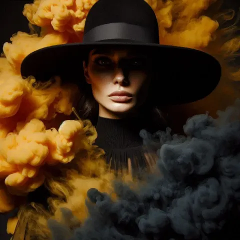 Woman in Black Hat Amid Yellow Smoke Portrait