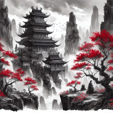 Chinese Temple on Rock Pillars With Red Trees