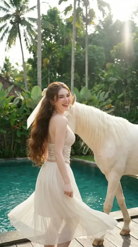 Dreamy Poolside Portrait With White Horse