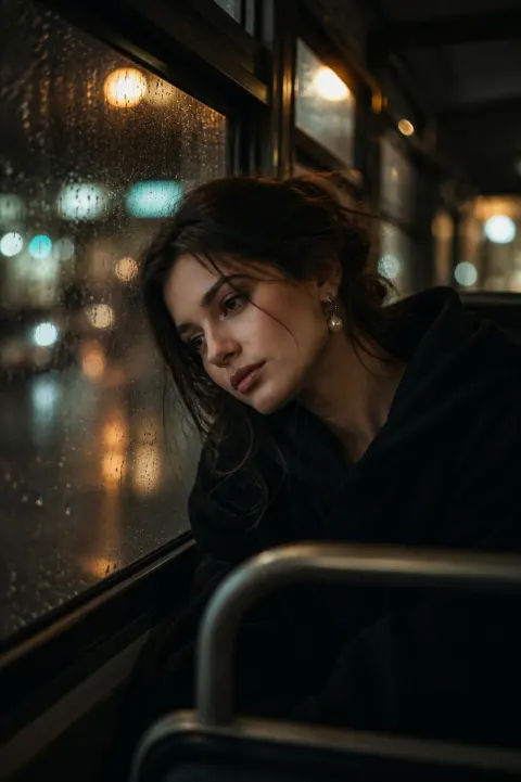 Melancholic Rainy Bus Window Portrait