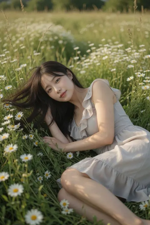 Girl Lying in Daisy Field Golden Hour