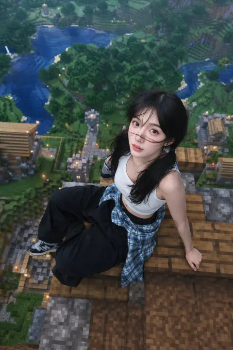Realistic Girl on Minecraft Roof