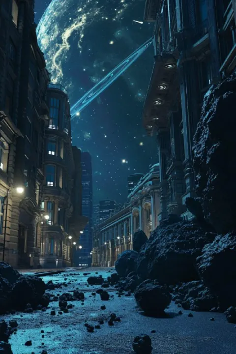 Asteroid Belt Above Futuristic Victorian City